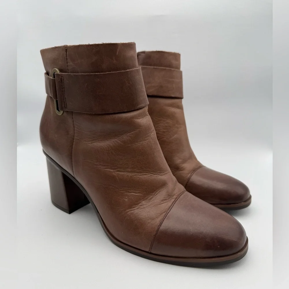 Kork-Ease Decola Brown Leather Block Heel Ankle Boot Moto Buckle Sz 9.5 Comfort